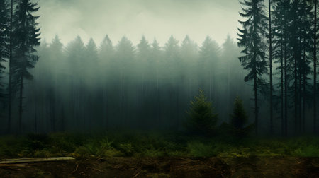 Dark forest with fog in the morning. 3d render illustration.の素材