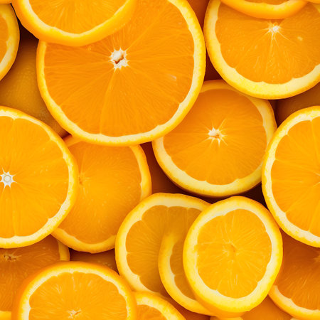Slices of orange fruit as a background. Top view.の素材