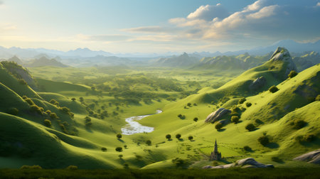 Fantasy landscape with mountains and river. 3d render illustration.の素材