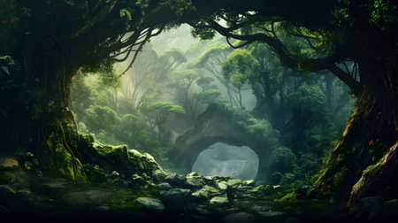 Fantasy landscape with a cave in the forest. 3d renderingの素材