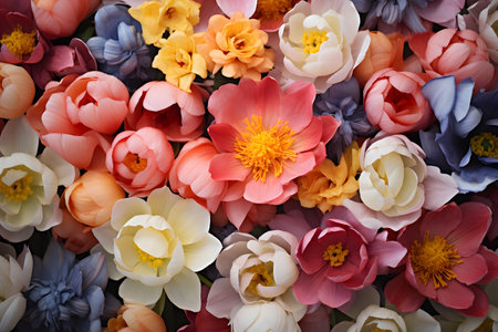 Colorful artificial flowers as background, top view. Floral designの素材