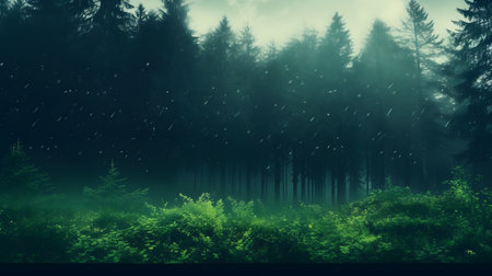 Foggy forest with pine trees and green grass. 3d renderingの素材