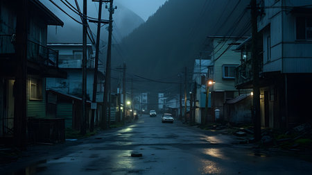 Old village in the mountains at night with fog and low light.の素材