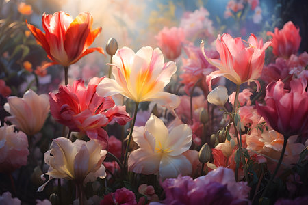 Colorful tulip flowers blooming in the garden at sunset timeの素材