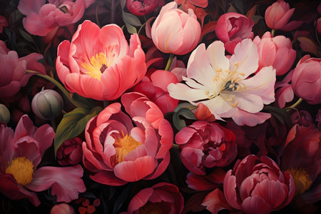 Pink and white tulips bouquet on dark background. Floral background.の素材