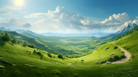 Beautiful summer landscape with green meadows and mountains in the backgroundの素材