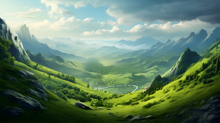 Fantasy alien planet. Mountain and river. 3D illustration.の素材