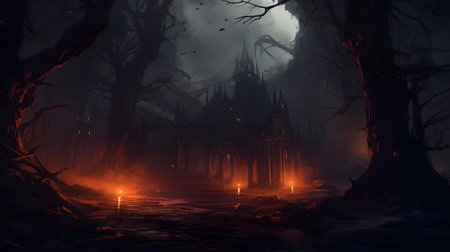 Scary halloween background with spooky dark forest. 3d renderingの素材