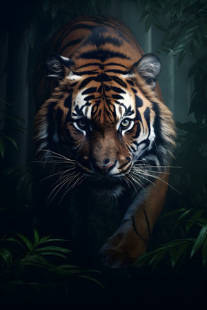 Portrait of a tiger in a dark forest on a dark backgroundの素材