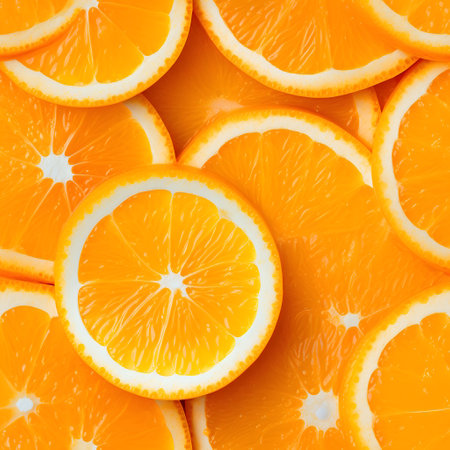 Slices of orange fruit as a background. Top view.の素材