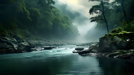 Beautiful landscape of a mountain river flowing through the misty forestの素材