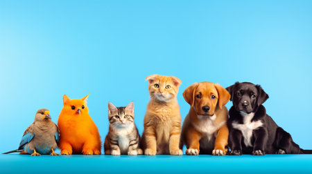 Group of different breeds of dogs and cats on a blue background.の素材