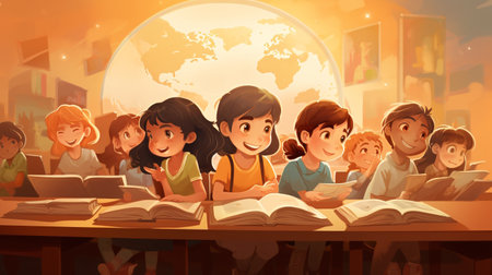 Group of children reading books in a school library. Vector illustration.の素材