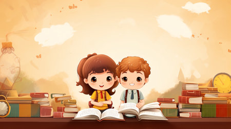 Boy and girl reading books on the shelf in the library illustration.の素材