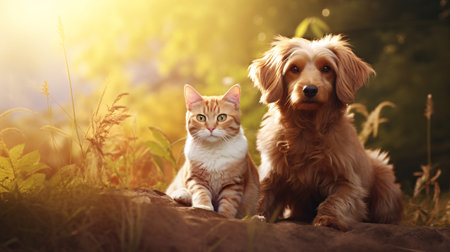 Cat and dog together in the park at sunset. Pet care conceptの素材