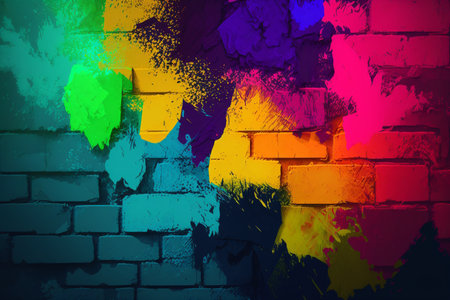 Colorful graffiti on a brick wall. Grunge background.の素材