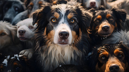 Portrait of australian shepherd dog in a flock of sheepの素材