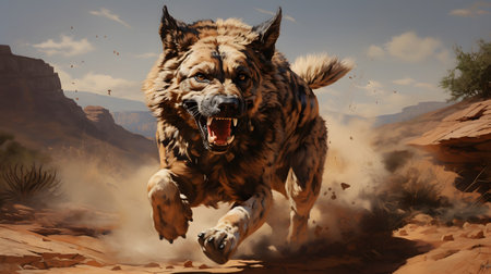 Dog running in the desert. 3D rendering. Fantasy illustration.の素材