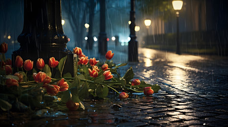 Tulips on the street in the rain. Selective focus.の素材