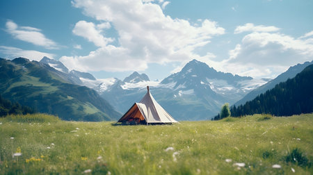 Tourist tent on the grassy meadow with high mountains in the backgroundの素材