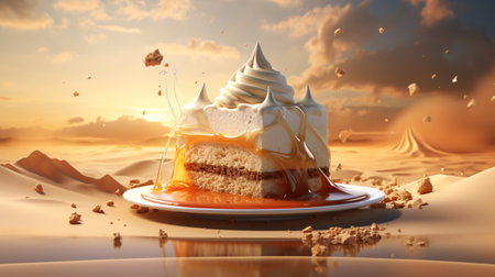 piece of cake on a white plate in the desertの素材