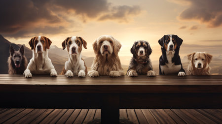 Group of dogs sitting on a wooden table against scenic view of mountainsの素材