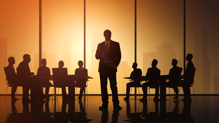 Silhouette of Business People in Meeting Room with Cityscape Backgroundの素材