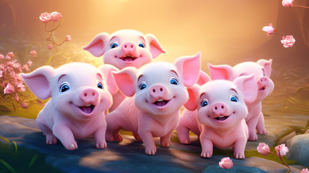 Cute little pigs in the flower garden - Happy Chinese new year conceptの素材