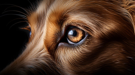 Close-up of a dog's eye. Isolated on black backgroundの素材