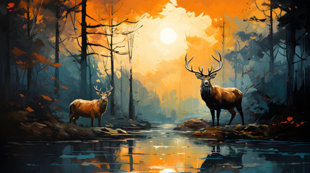 Digital painting of two elk in the forest at sunset, digital paintingの素材