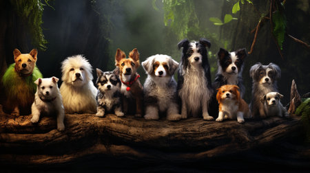Group of funny dogs in the forest, 3d rendering. Computer digital drawing.の素材
