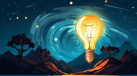 Vector illustration of a cartoon night landscape with a bright yellow light bulb.の素材