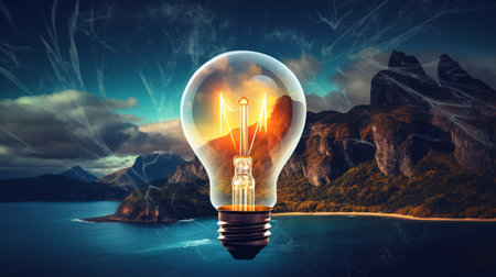 Luminous light bulb on beautiful landscape background. 3D renderingの素材