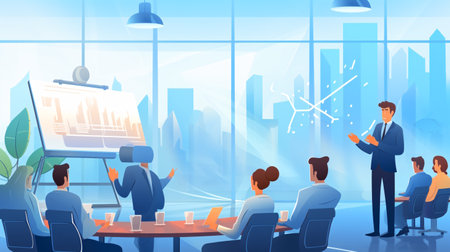 Business people meeting in conference room. Office interior with business people. Vector illustrationの素材