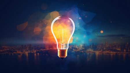 Glowing light bulb on night city background. Idea concept. 3D Renderingの素材
