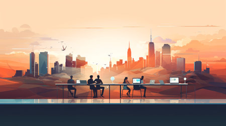 Business people working in the office at sunset.の素材