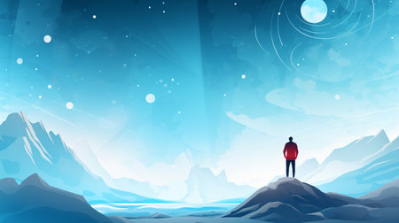Winter landscape background with snow mountain and man in red jacket vector illustrationの素材