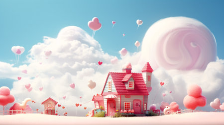 Little house with heart shaped balloons in the sky. 3d renderingの素材