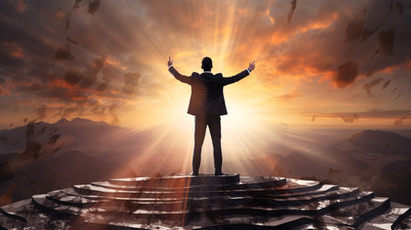 Businessman standing on top of mountain and looking at sunbeamsの素材