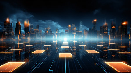 Futuristic cityscape at night with neon lightsの素材