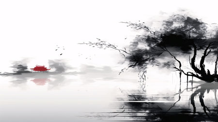 Abstract tree and red car on a white background. Digital painting.の素材
