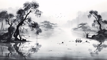 Digital painting of a lake in a misty landscape with silhouettes of treesの素材