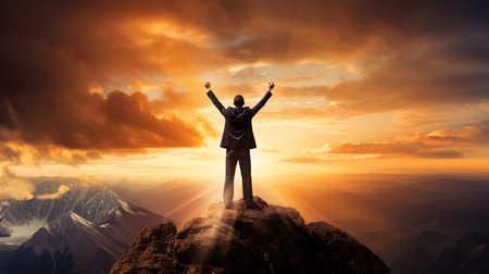 Businessman standing on top of a mountain and raising his hands upの素材