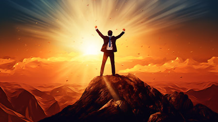 Businessman standing on top of a mountain with his arms raised celebrating successの素材