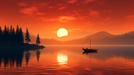 Fishing boat on the lake at sunset. 3D render.の素材