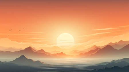 Fantasy landscape with mountains and sun at sunset.の素材