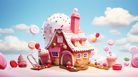 Cute gingerbread house with pink icing and colorful candies. 3d renderingの素材