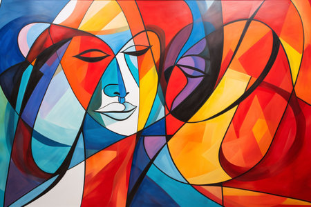 Colorful stained glass window in the shape of a woman's faceの素材