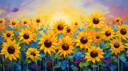 Sunflowers field with blue sky and clouds. Digital painting.の素材
