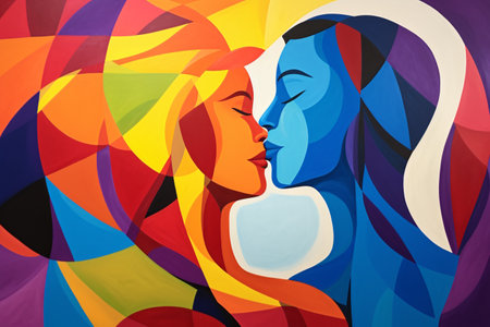 Man and woman face in colorful abstract background. Art collage.の素材